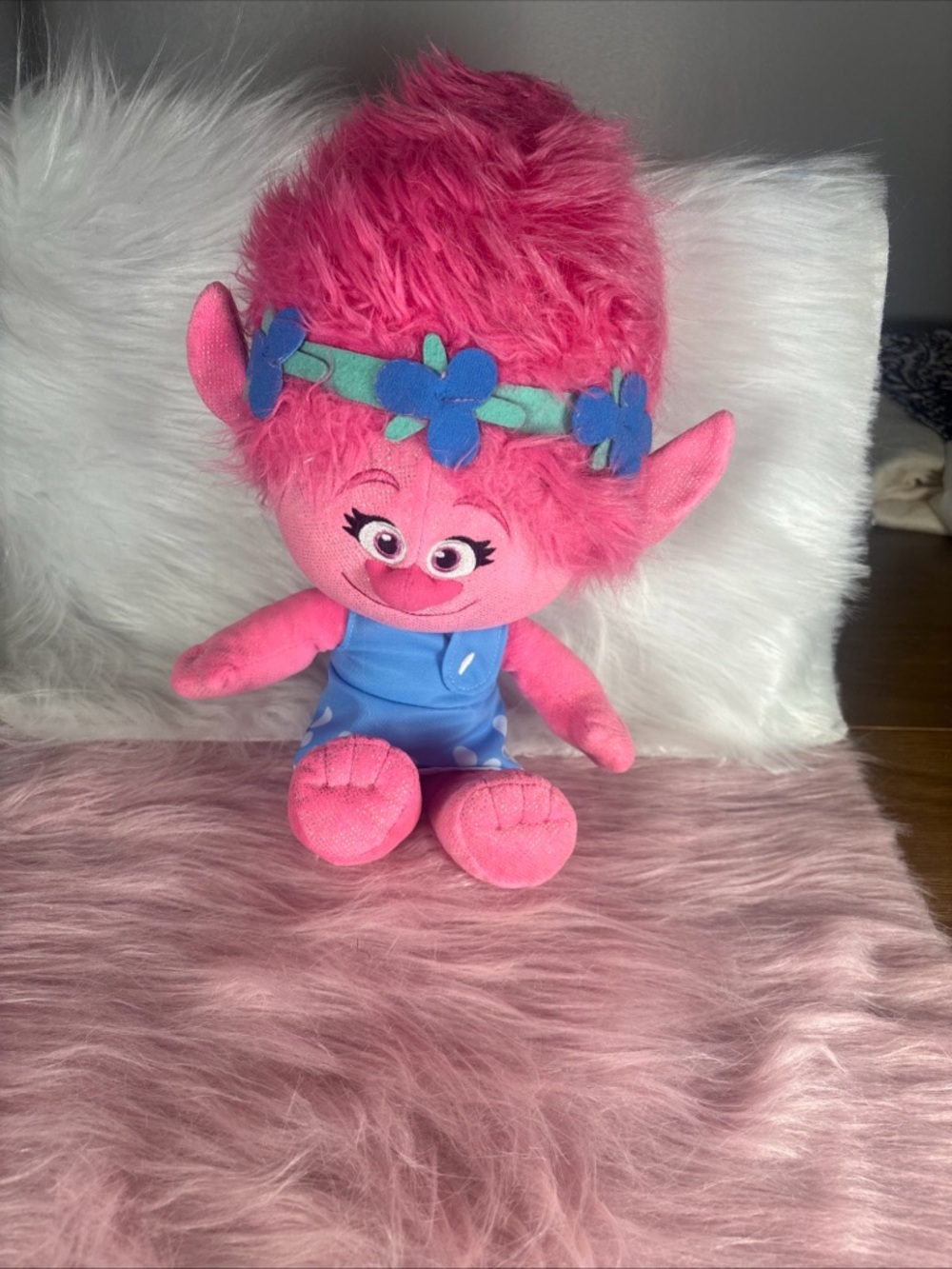 Trolls Pink Plush Toy with Blue Dress and Flower Headband